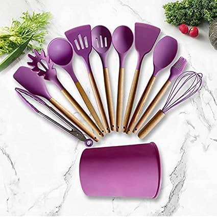 طقم توزيع سيليكون بمقبض خشبي مكون من 12 قطعة باللون البنفسجي