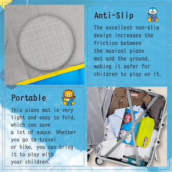 سجادة موسيقى إلكترونية للأطفال بصور حيوانات كرتون لعمر 1-3 سنوات