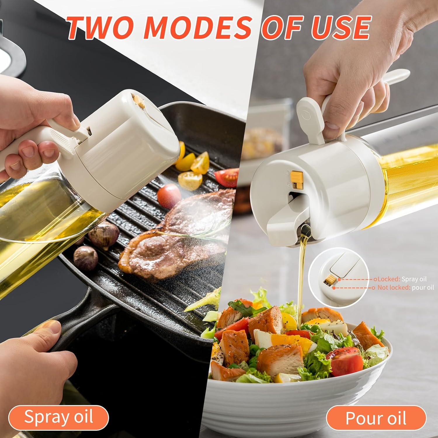 موزع زيت 2 في 1 ورذاذ زيت زجاجة موزع زيت زيتون ممتاز مع غطاء أوتوماتيكي، فوهة مانعة للتنقيط، زجاجة رذاذ زيت للطهي والمطبخ والسلطة والشواء، رمادي 550 مل
