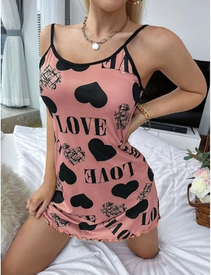 فستان نوم من القطن بطبعة قلب، قميص نوم من القطن اليكرا