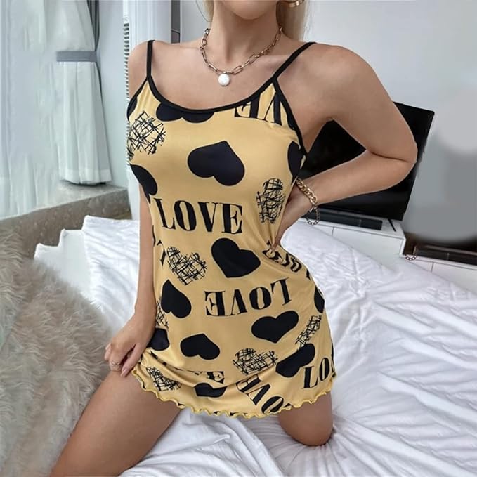 فستان نوم من القطن بطبعة قلب، قميص نوم من القطن اليكرا