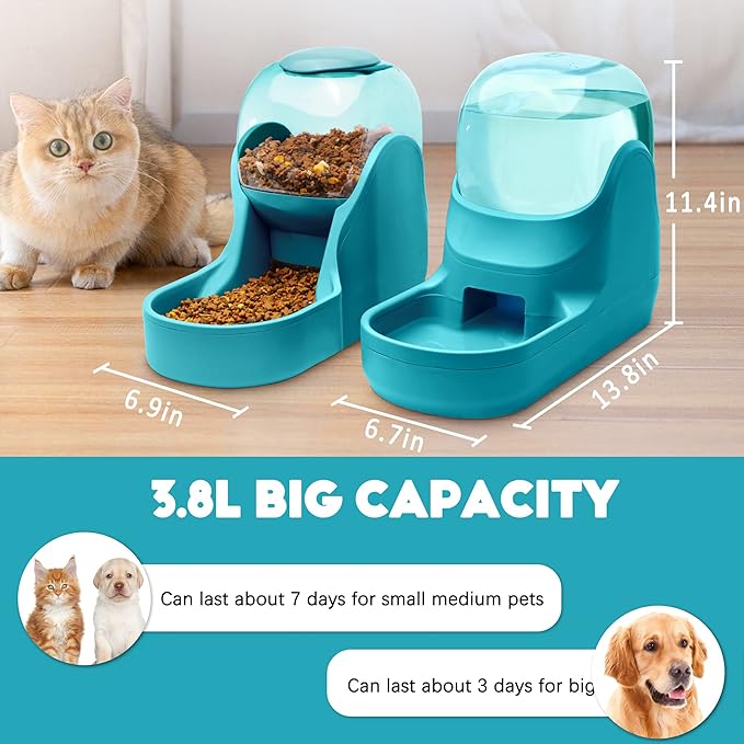 مجموعة تغذية الحيوانات الاليفة، وحدة تغذية القطط مع موزع مياه، وحدة تغذية تلقائية للحيوانات الاليفة ذات سعة كبيرة للقطط الصغيرة والمتوسطة والكبيرة والكلاب (ازرق)