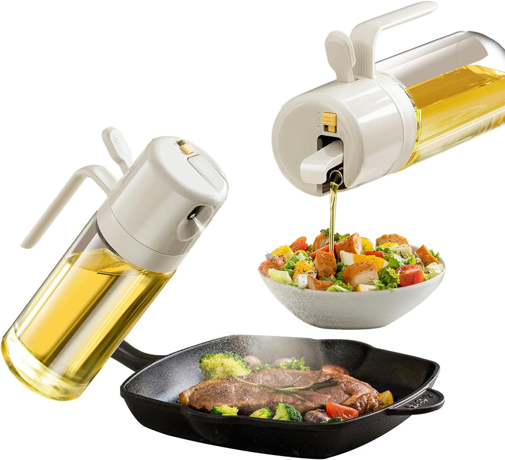 موزع زيت 2 في 1 ورذاذ زيت زجاجة موزع زيت زيتون ممتاز مع غطاء أوتوماتيكي، فوهة مانعة للتنقيط، زجاجة رذاذ زيت للطهي والمطبخ والسلطة والشواء، رمادي 550 مل