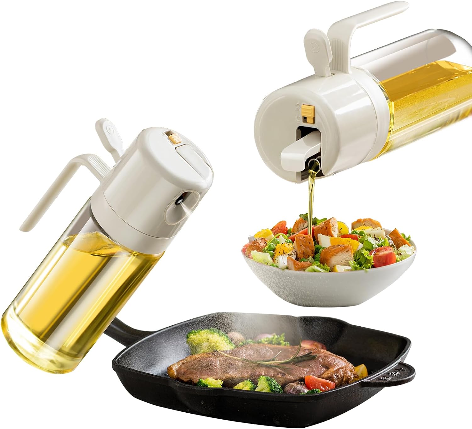 موزع زيت 2 في 1 ورذاذ زيت زجاجة موزع زيت زيتون ممتاز مع غطاء أوتوماتيكي، فوهة مانعة للتنقيط، زجاجة رذاذ زيت للطهي والمطبخ والسلطة والشواء، رمادي 550 مل