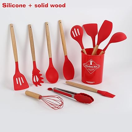 طقم أدوات سيليكون بمقبض خشبي مكون من 12 قطعة باللون الأحمر