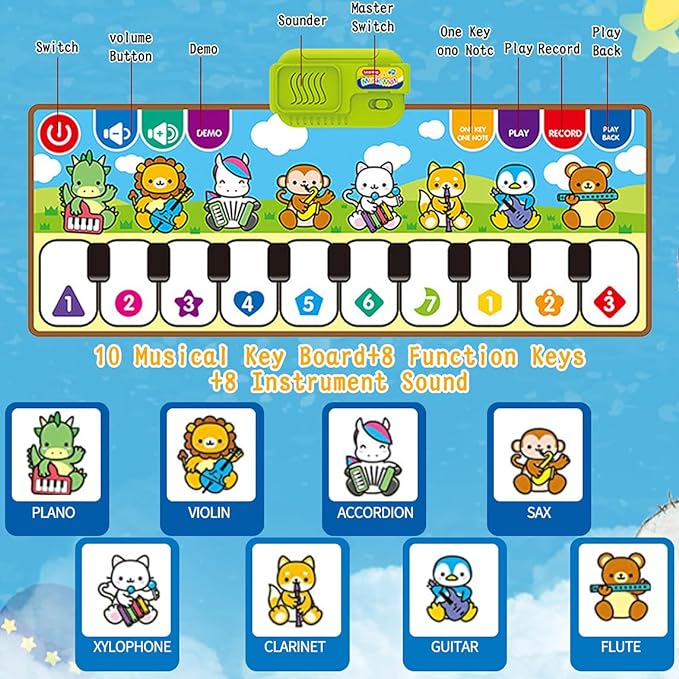 سجادة موسيقى إلكترونية للأطفال بصور حيوانات كرتون لعمر 1-3 سنوات