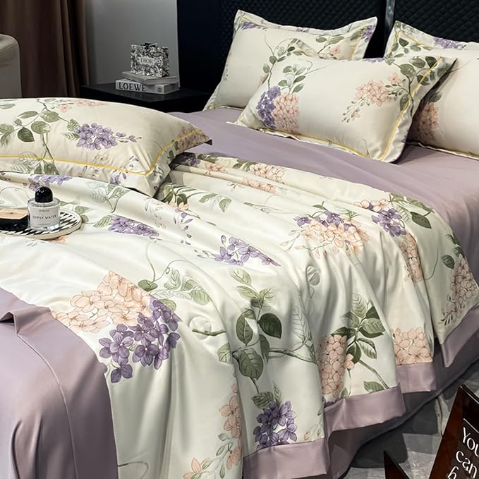 طقم سرير فاخر، قطن ملمس حرير، طقم سرير حريرى مطبوع، لحاف خفيف حريرى ناعم مطبوع، ملاءة سادة، 2 وسادة ، (200 × 230 سم) (لون: بنفسجى / شكل: غصن شجرة)