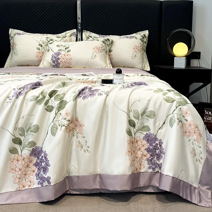 طقم سرير فاخر، قطن ملمس حرير، طقم سرير حريرى مطبوع، لحاف خفيف حريرى ناعم مطبوع، ملاءة سادة، 2 وسادة ، (200 × 230 سم) (لون: بنفسجى / شكل: غصن شجرة)