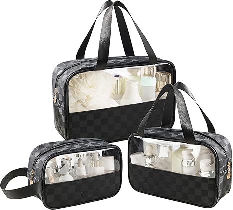 شنطة مكياج شفافة متعددة الإستخدام، مصنوعة من جلد البولي يوريثين المقاوم للماء للسفر، شنط مستحضرات تجميل للنساء مع مقبض وشنطة منظم مكياج بتصميم مربعات (أسود)