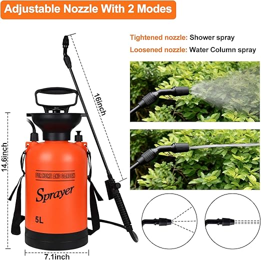 بخاخ ضغط محمول سعة 5 لتر مع فوهات مخروطية معدنية قابلة للتعديل بزاوية 360 درجة، وحزام كتف