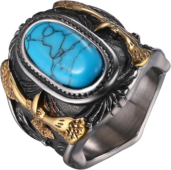 خاتم بتصميم النسر الذهبى من الستانلس ستيل المقاوم للصدأ، خاتم رجالي مطعم بالعقيق الفيروزي الطبيعي