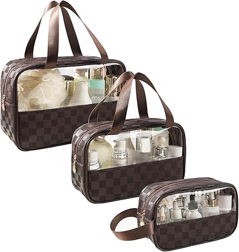 شنطة مكياج شفافة متعددة الإستخدام، مصنوعة من جلد البولي يوريثين المقاوم للماء للسفر، شنط مستحضرات تجميل للنساء مع مقبض وشنطة منظم مكياج بتصميم مربعات (بنى)