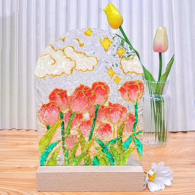 مصباح توليب اصنعها بنفسك،  يعمل بالطاقة، أضواء ليلية شفافة فارغة من الأكريليك، مصابيح لوحة طلاء يدوية، زخرفة يدوية لديكور المنزل