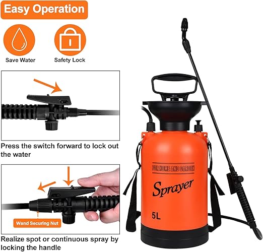 بخاخ ضغط محمول سعة 5 لتر مع فوهات مخروطية معدنية قابلة للتعديل بزاوية 360 درجة، وحزام كتف