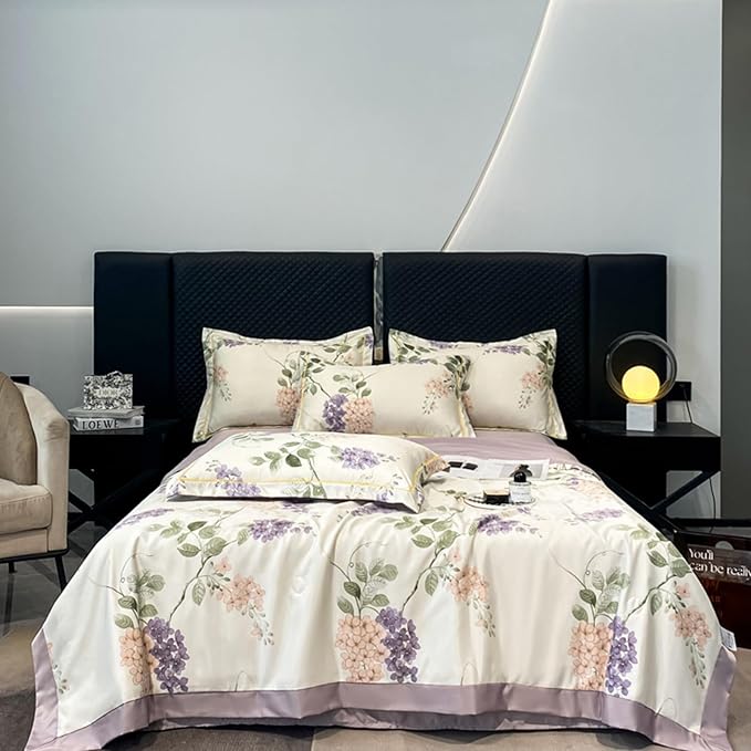 طقم سرير فاخر، قطن ملمس حرير، طقم سرير حريرى مطبوع، لحاف خفيف حريرى ناعم مطبوع، ملاءة سادة، 2 وسادة ، (200 × 230 سم) (لون: بنفسجى / شكل: غصن شجرة)