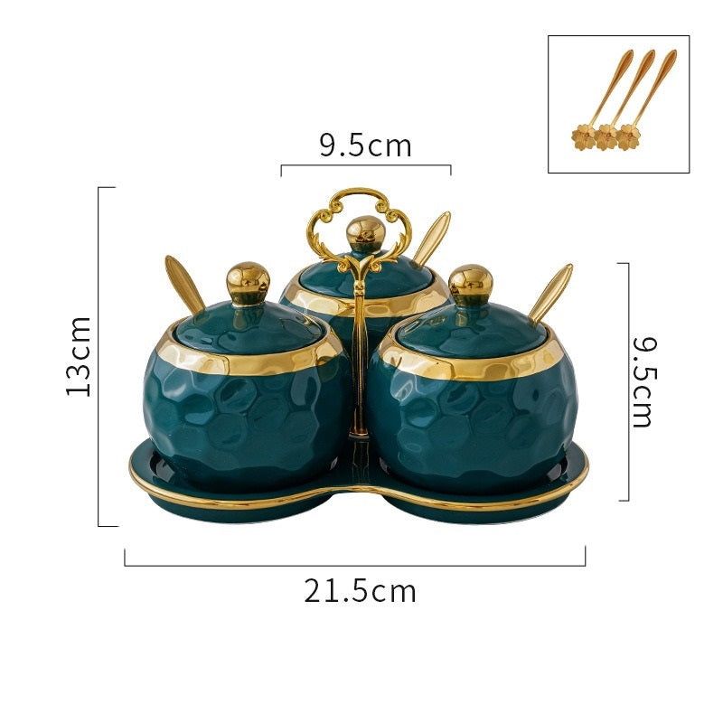 طقم توابل من البورسلين، 3 قطع مع ملعقة وصينية لتقديم الشاي والقهوة والسكر