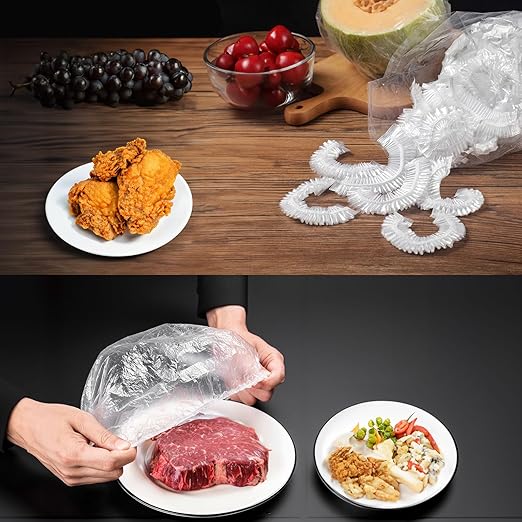 اكياس الطعام  ،100قطعة،اغطية طعام مطاطية بلاستيكية قابلة للتمدد، غلاف بلاستيكي للحوم والفواكه والخضروات