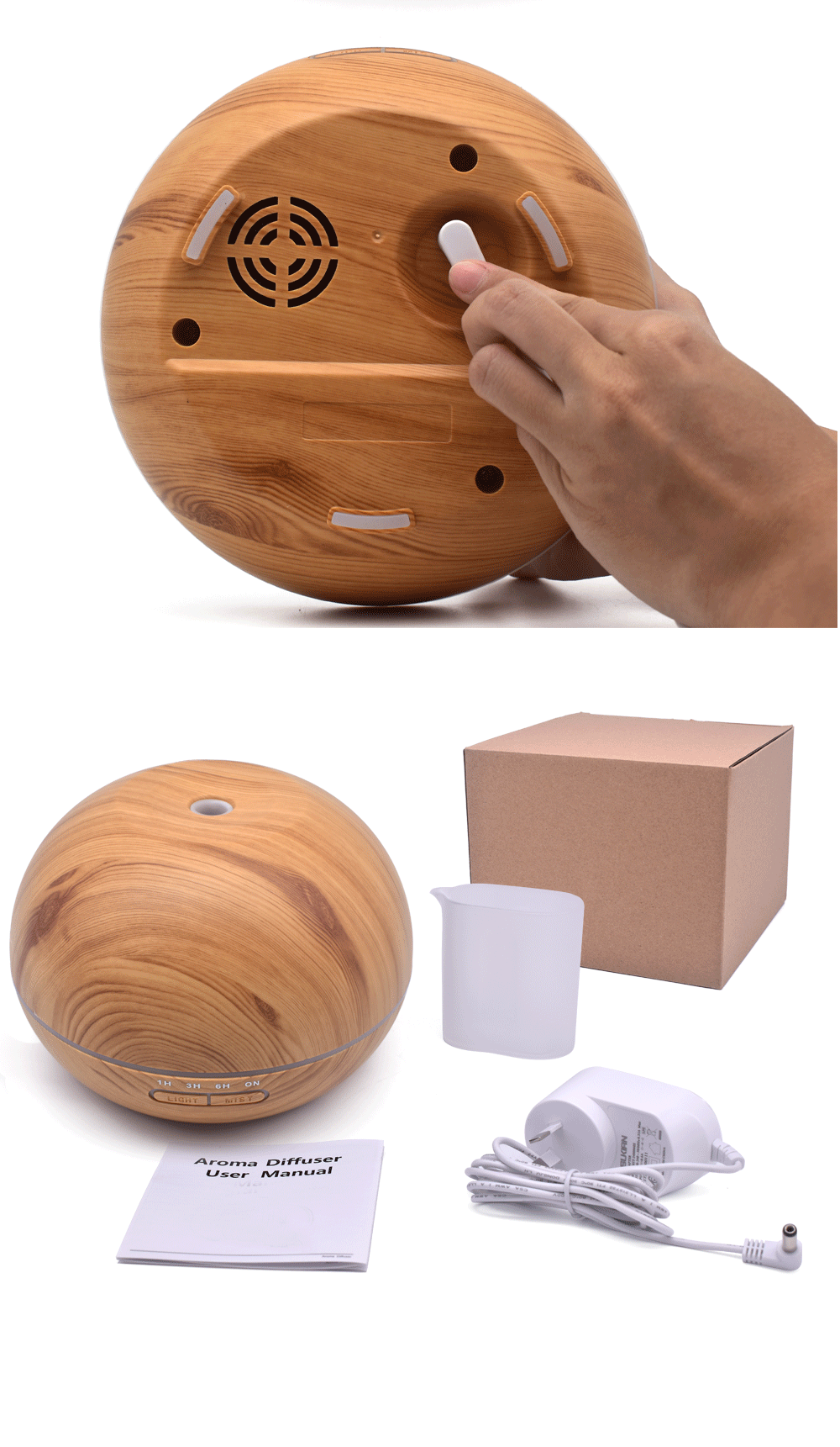 مرطب هواء منزلي يعمل بالموجات فوق الصوتية، بتصميم مفلطح من الخشب