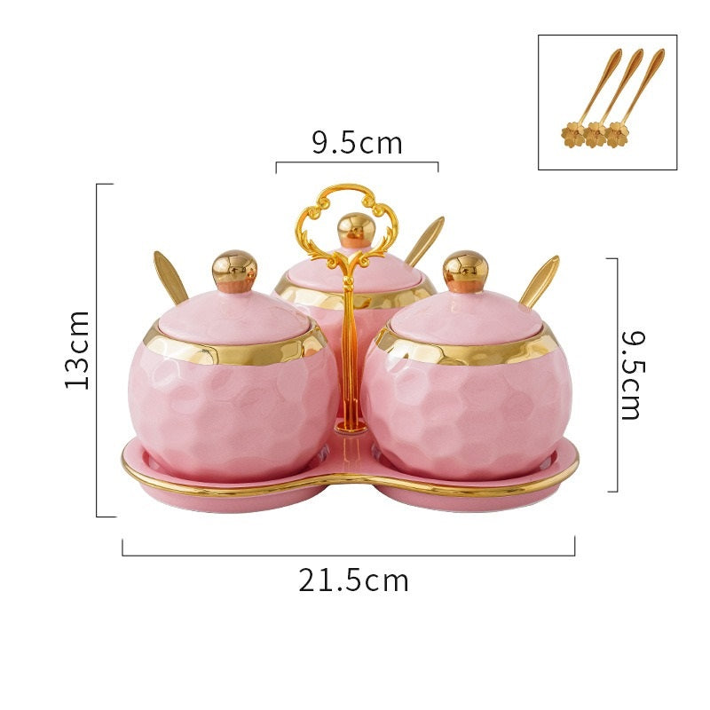 طقم توابل من البورسلين، 3 قطع مع ملعقة وصينية لتقديم الشاي والقهوة والسكر