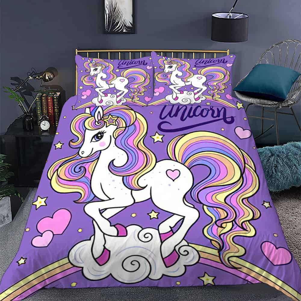 طقم سرير غطاء لحاف وغطاء 2 خداديه ثلاثي الأبعاد علي شكل يونيكورن