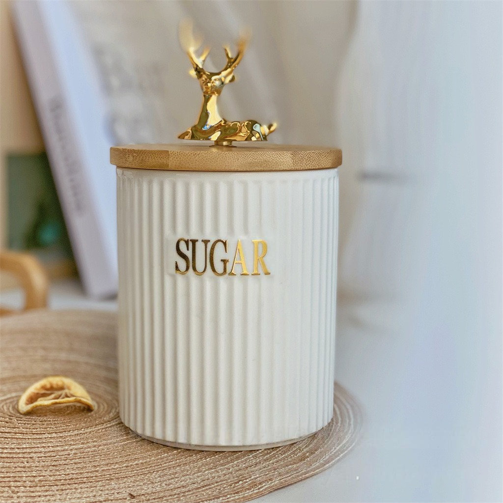 مجموعة من 3 علب سيراميك لتخزين السكر والقهوة والشاي، مجموعات حاويات تخزين فاخرة مع أغطية وأواني تخزين مزخرفة سيراميك بأغطية خيزران الغزال لطاولة المطبخ