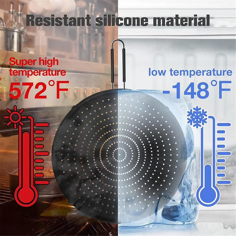 مصفاة مقاومة لتناثر الزيت من السيليكون المقاوم للحرارة مع مقبض قابل للطي