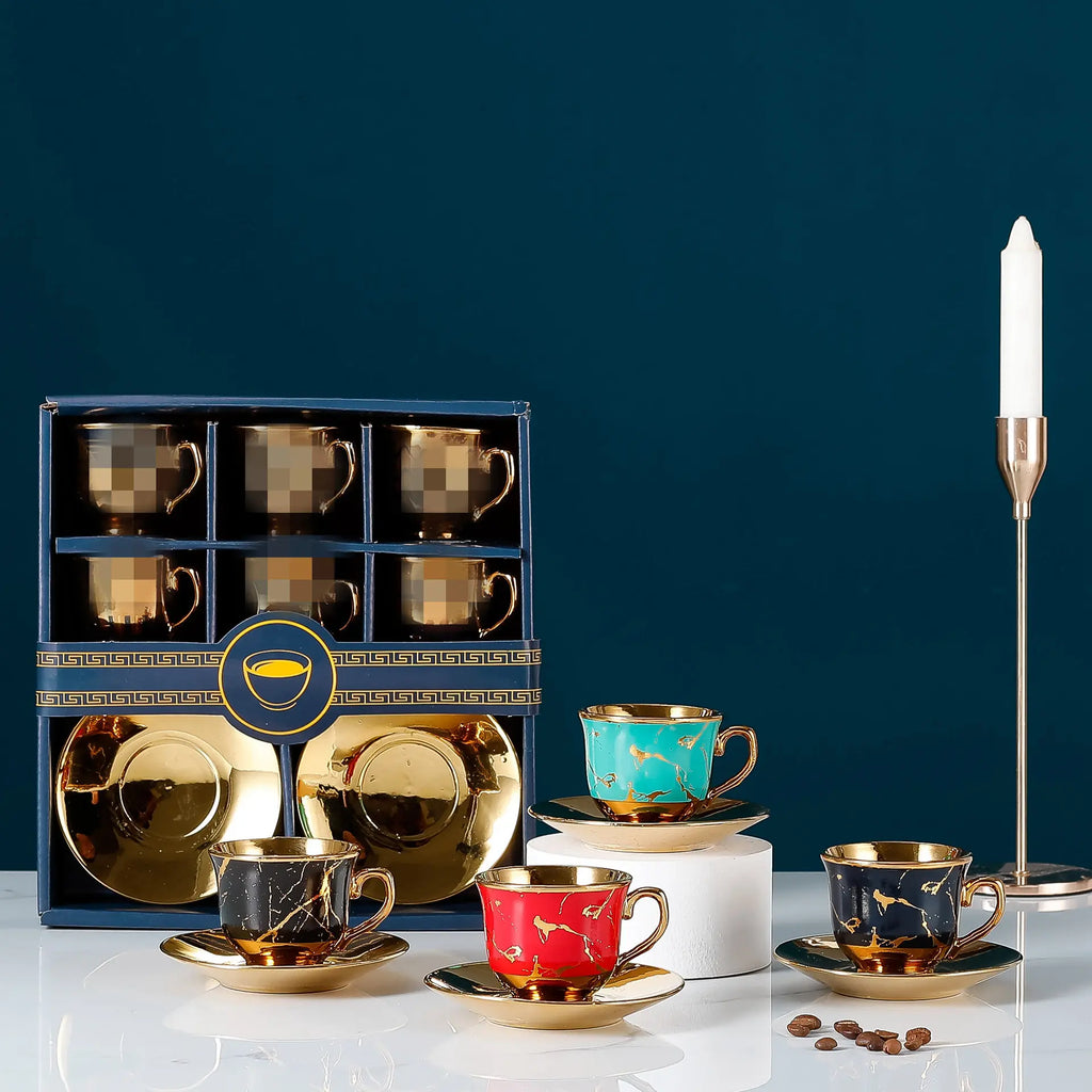 طقم فناجين قهوة تركي من السيراميك عالى الجودة، يتكون من 12 قطعة، مع أطباق باللون الذهبي