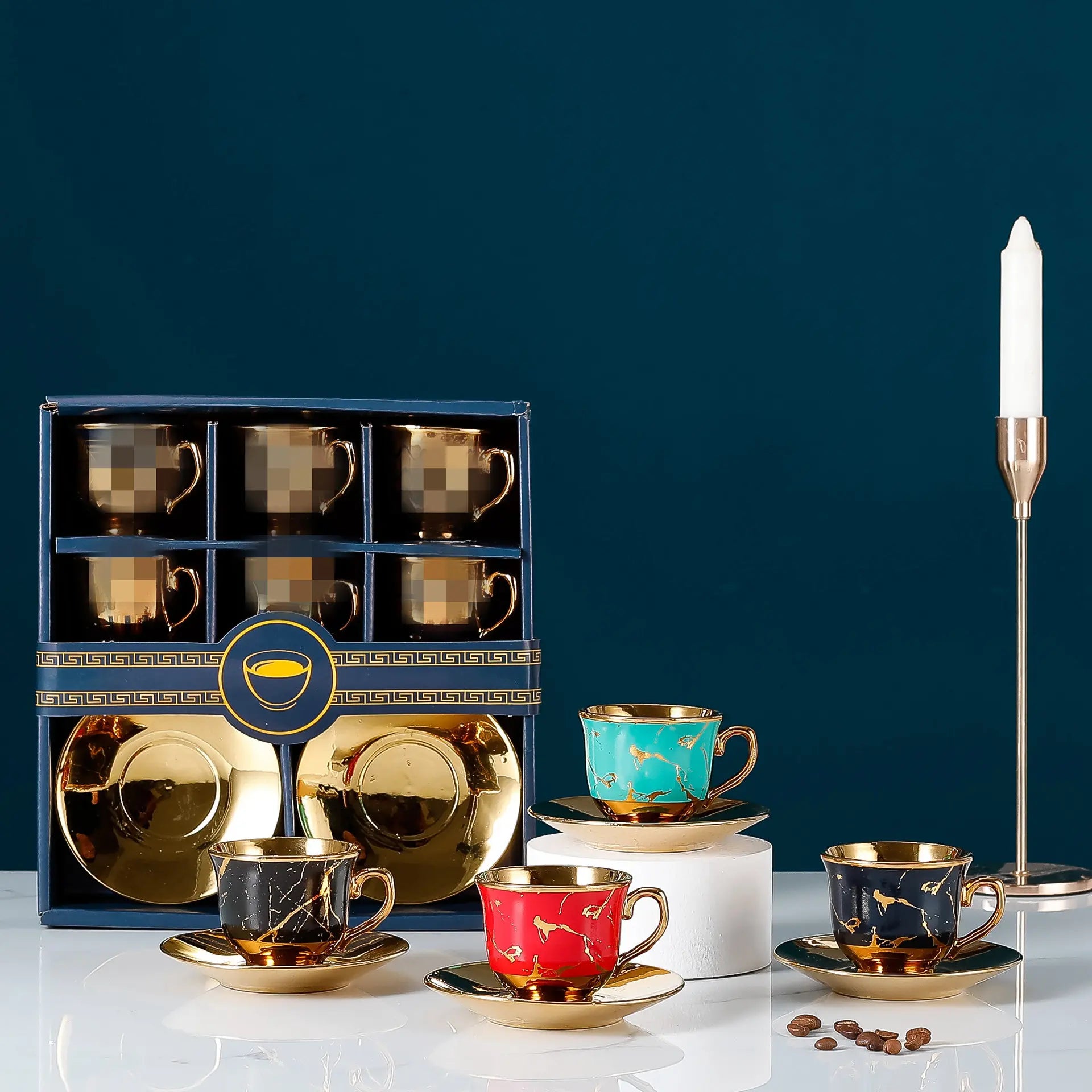 طقم فناجين قهوة تركي من السيراميك عالى الجودة، يتكون من 12 قطعة، مع أطباق باللون الذهبي
