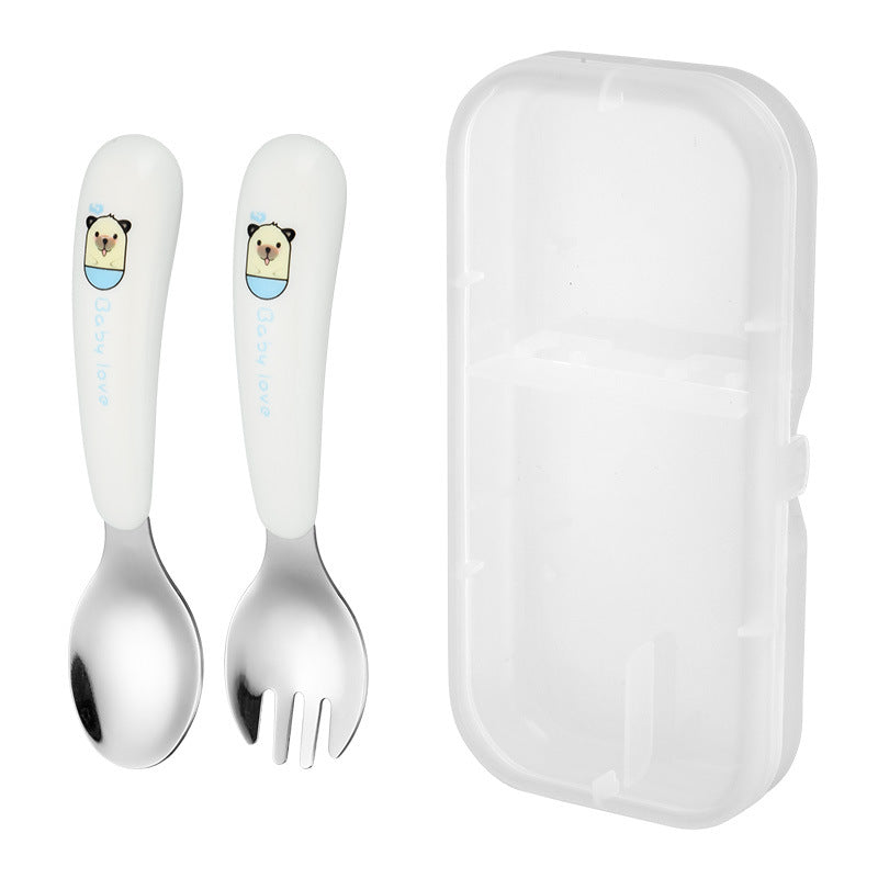 طقم شوكة و ملعقة من الفولاذ المقاوم للصدأ، بمقبض من البلاستك عالى الجودة على شكل حيوان كرتوني للأطفال مكون من قطعتين