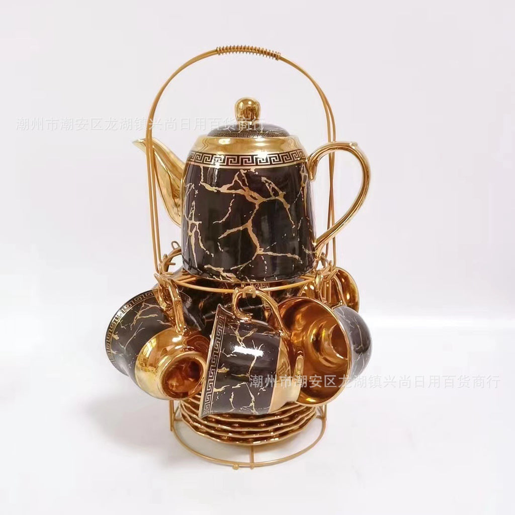 طقم فناجين شاي على الطراز البريطاني مكون من 13 قطعة بتصميم رخامي