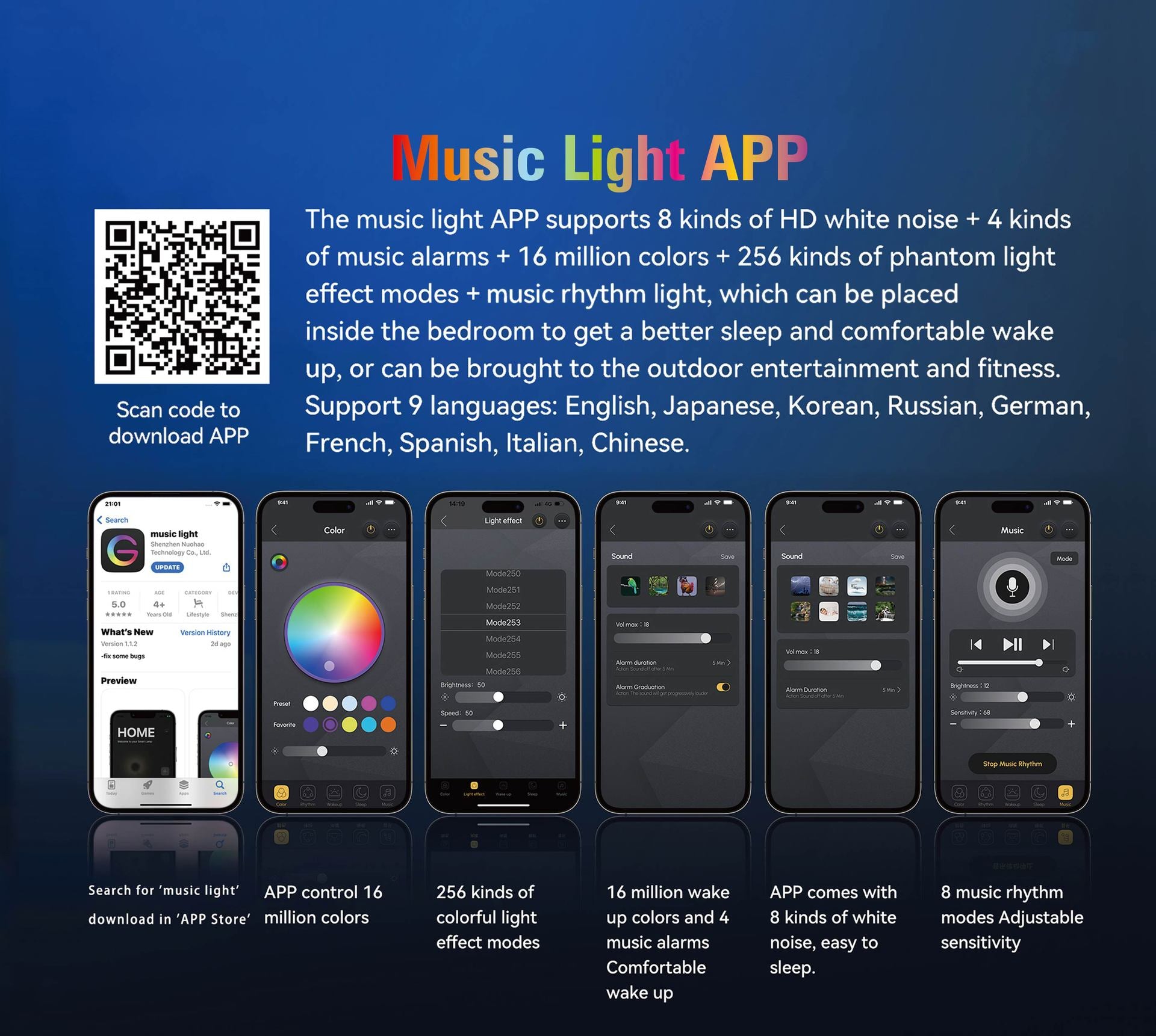 حامل شاحن لاسلكي كبير متعدد الوظائف التحكم من خلال APP، مكبر صوت، منبه، ضوء ليلي LED، الرد على المكالمات الهاتفية، شحن سريع  15 وات،  وضع الأضواء المتعددة (أسود)