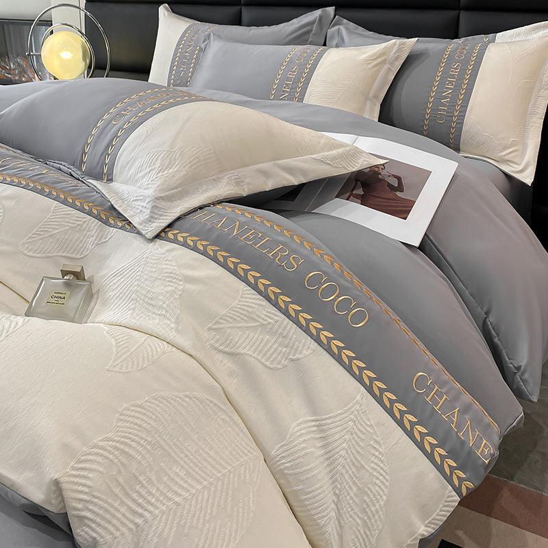 طقم غطاء لحاف من الستان مكون من 4 قطع، طقم أغطية سرير من حرير الجاكار القطني الراقي - 1 غطاء لحاف + 1 ملاءة مثبتة + 2 غطاء وسادة كامل (200 × 230) سم