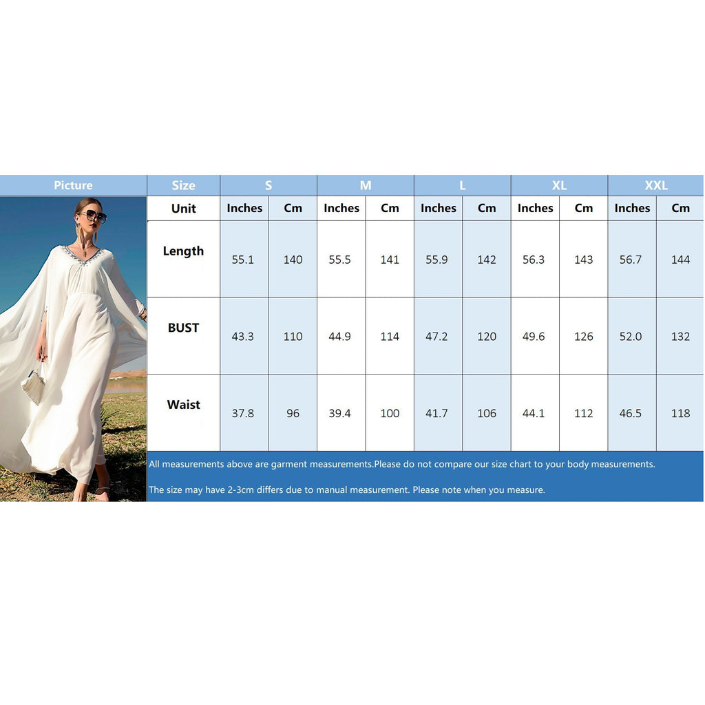 فستان نسائي من الشيفون الأبيض برقبة على شكل حرف V مخيط يدويًا