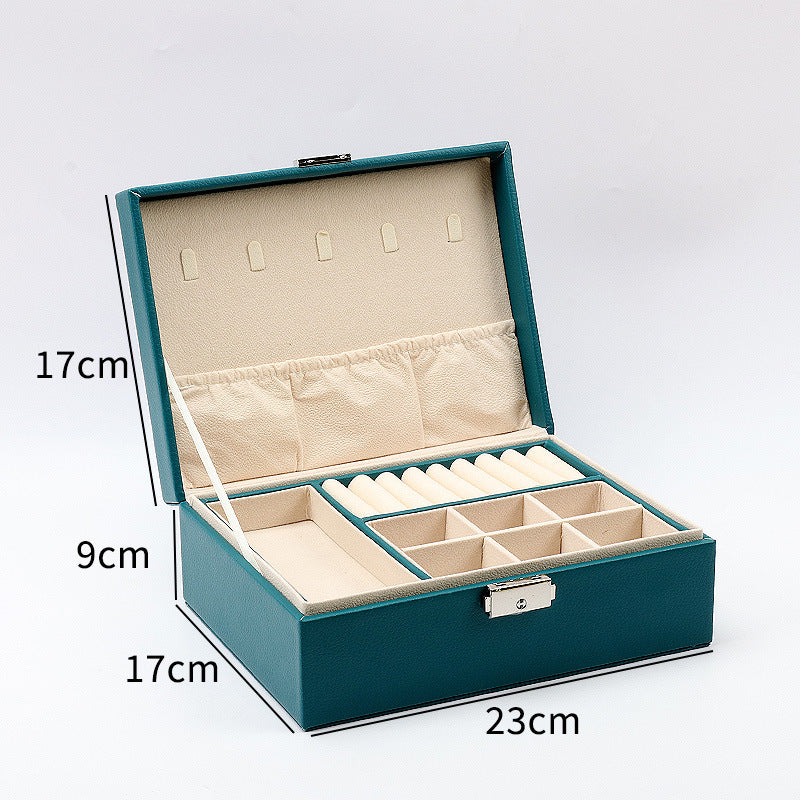 صندوق مجوهرات محمول من الجلد لتخزين المجوهرات والقلائد والخواتم والساعات والمجوهرات، حافظة منظم مجوهرات من طبقتين من جلد البولي يوريثين ببطانة ناعمة مع قفل للخواتم والأقراط والقلائد والأساور