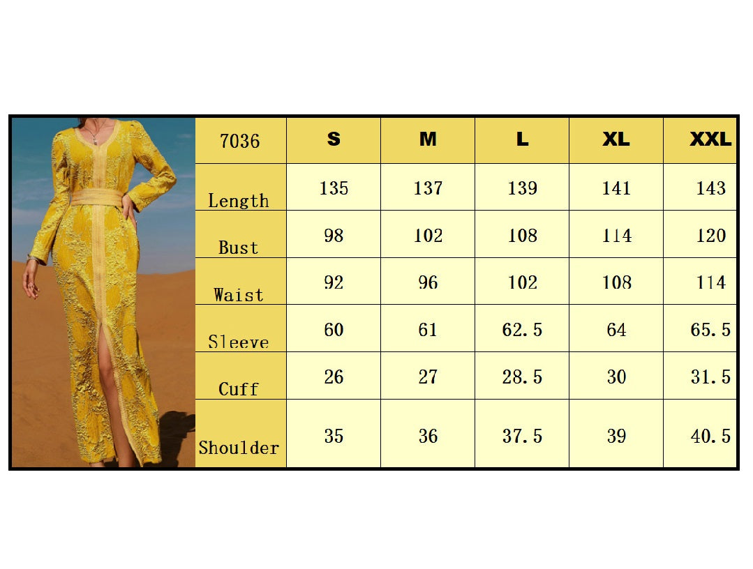 عباية قفطان عربي ذهبي بطول كامل للنساء باكمام طويلة ورقبة دائرية