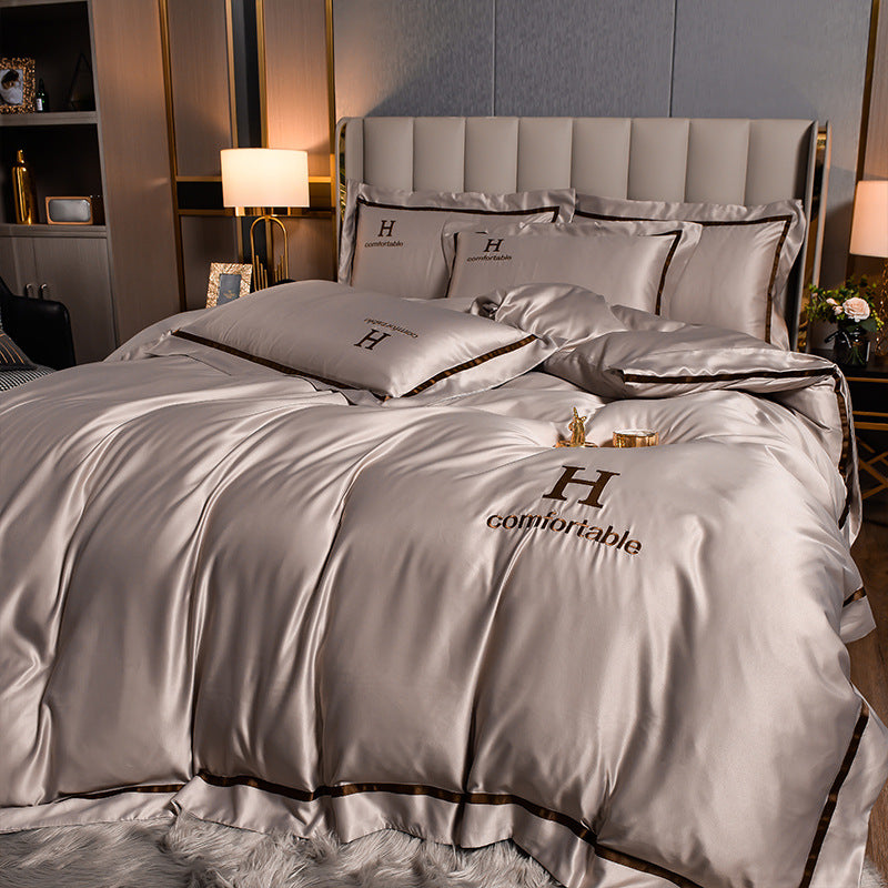 طقم غطاء لحاف 4 قطع صيفي مطرز من الحرير الثلجي 1 غطاء لحاف + 1 ملاءة + 2 غطاء وسادة غطاء لحاف مزدوج مفرد (200 × 230) سم