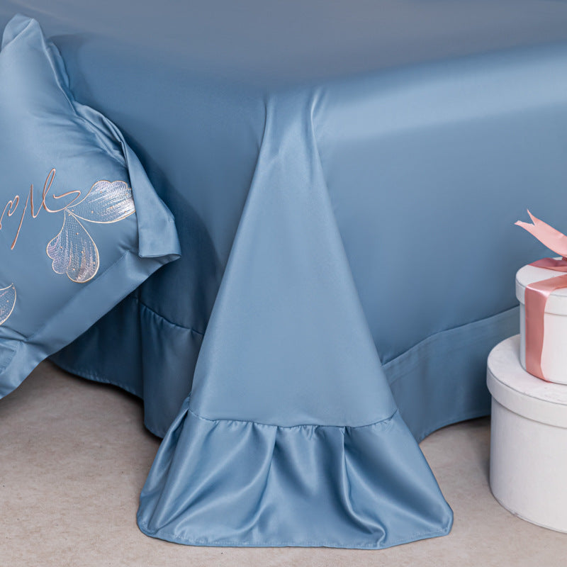 طقم سرير فاخر ، قطن ملمس حرير ، طقم سرير حريرى مطبوع، غطاء لحاف حريرى ناعم مطبوع، ملاءة سادة، 2 وسادة  ، (200 × 230 سم)