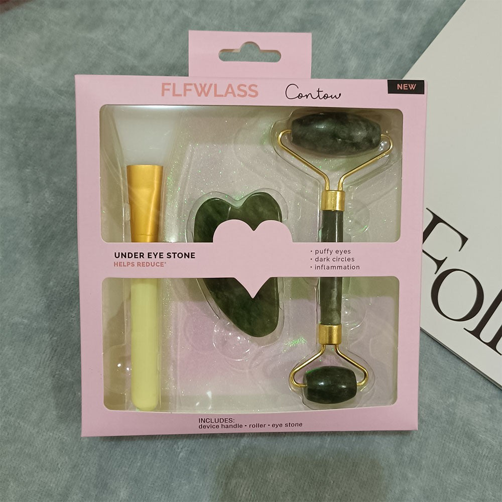مجموعة بكرة Jade Roller في عبوات حصرية ، أدوات العناية بالبشرة المضادة للشيخوخة، أسطوانة تدليك للوجه والعينين والرقبة والجسم ، 100٪ حجر اليشم الطبيعي + فرشة قناع الوجه