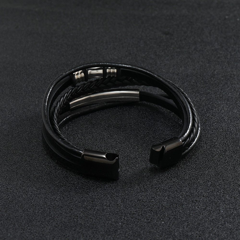 سوار فاخر للرجال من الجلد الأسود الأصلي  متعدد الطبقات ، مشبك مغناطيسي من الفولاذ المقاوم للصدأ