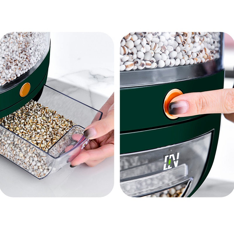 علبة دوارة لحفظ و تخزين و توزيع الأرز و الحبوب تعمل بنقرة واحدة لأخراج الأرز و الحبوب و الوجبات الخفيفة و حبوب القهوة، مكونة من 6 أقسام