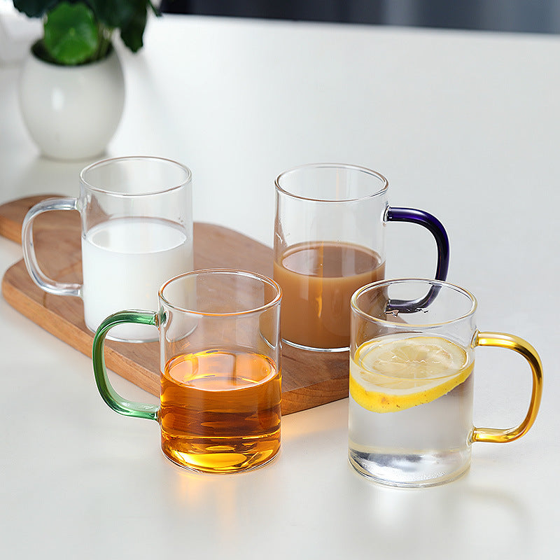 طقم أكواب ماء زجاجي شفاف من البايركس الحراري مقاوم لدرجات الحرارة العالية،الطقم 6 قطع ،كوب شاي وقهوة وكابتشينو -  مقبض اليد متعدد الألوان (300 مل)