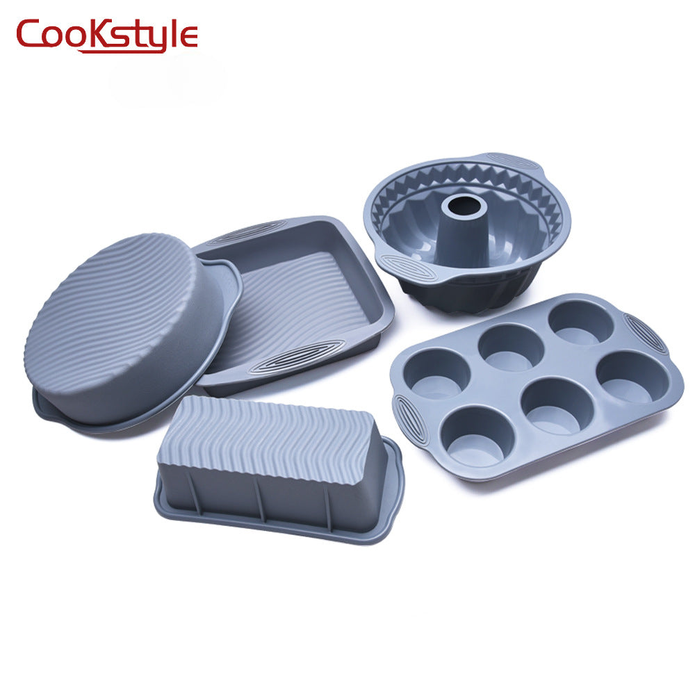 مجموعة قوالب من  Cookstyle  تتكون من 5 قطع من قوالب الخبز ،صوانى من السيليكون عالى الجودة الآمن صحيا 100% غير لاصقة للخبز ، يتكون من 5 قطع ،صينية كعك 6 أكواب ، 4 صوانى بتصميمات وأشكال مختلفة