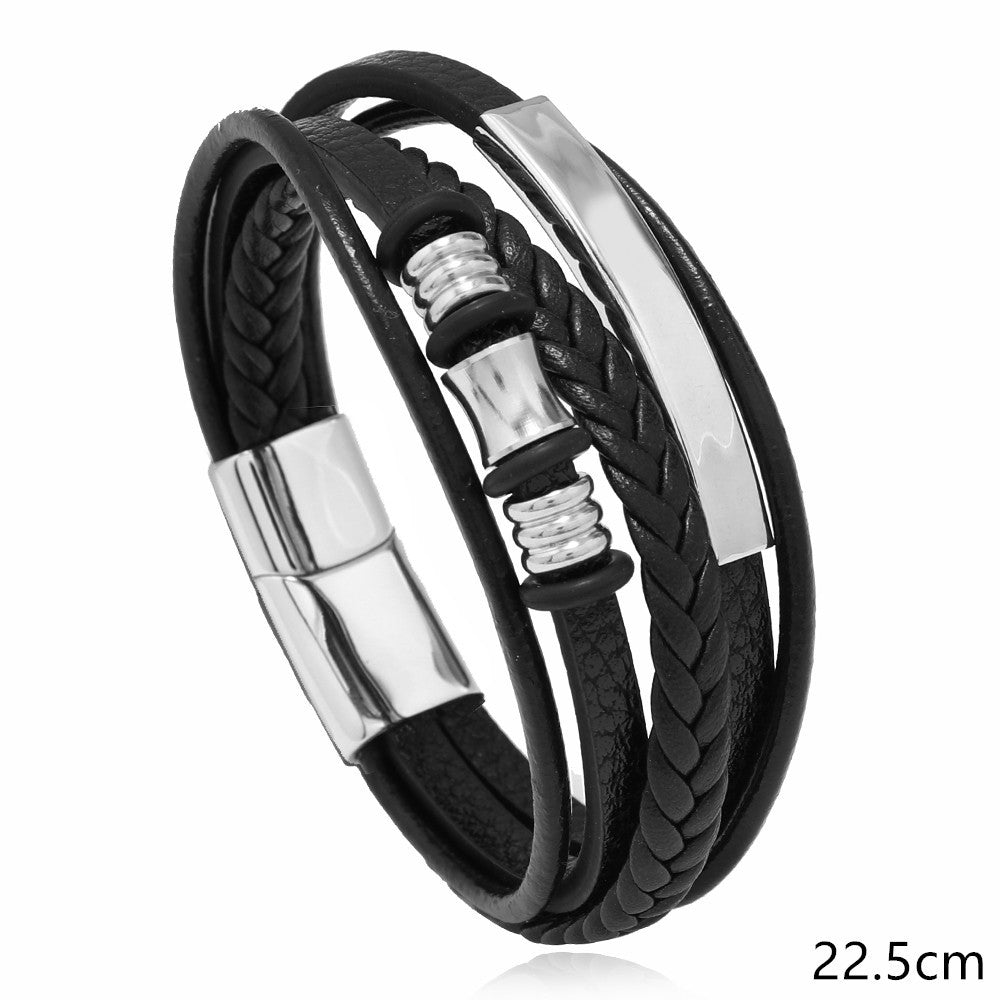 سوار فاخر للرجال من الجلد الأسود الأصلي  متعدد الطبقات ، مشبك مغناطيسي من الفولاذ المقاوم للصدأ