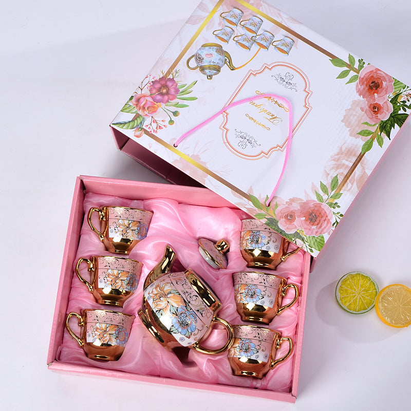 طقم شاي من السيراميك على الطراز الأوروبي من أبريق و 6 أكواب مع علبة هدية