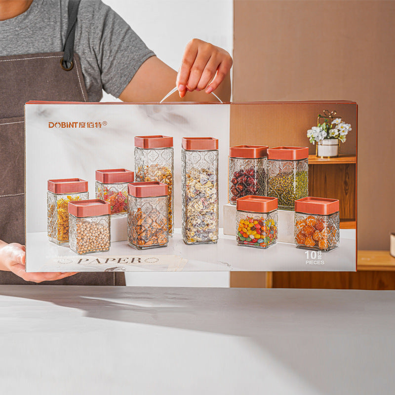 علب تخزين بقوليات و حفظ حبوب مربعة الشكل و متينة و شفافة و مضادة للرطوبة، وعاء تخزين زجاجي 10 قطع