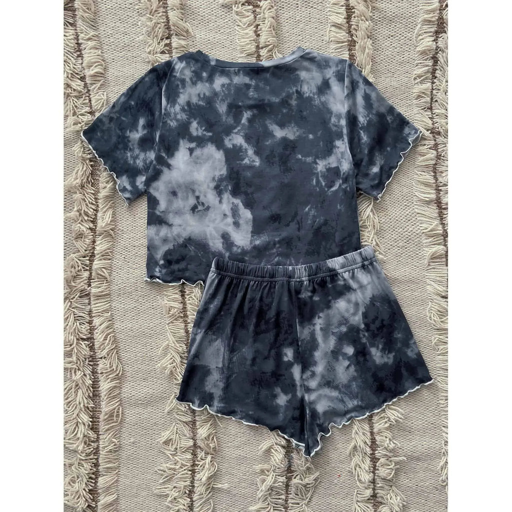 طقم بيجامة نسائية بأكمام قصيرة وصبغة زرقاء