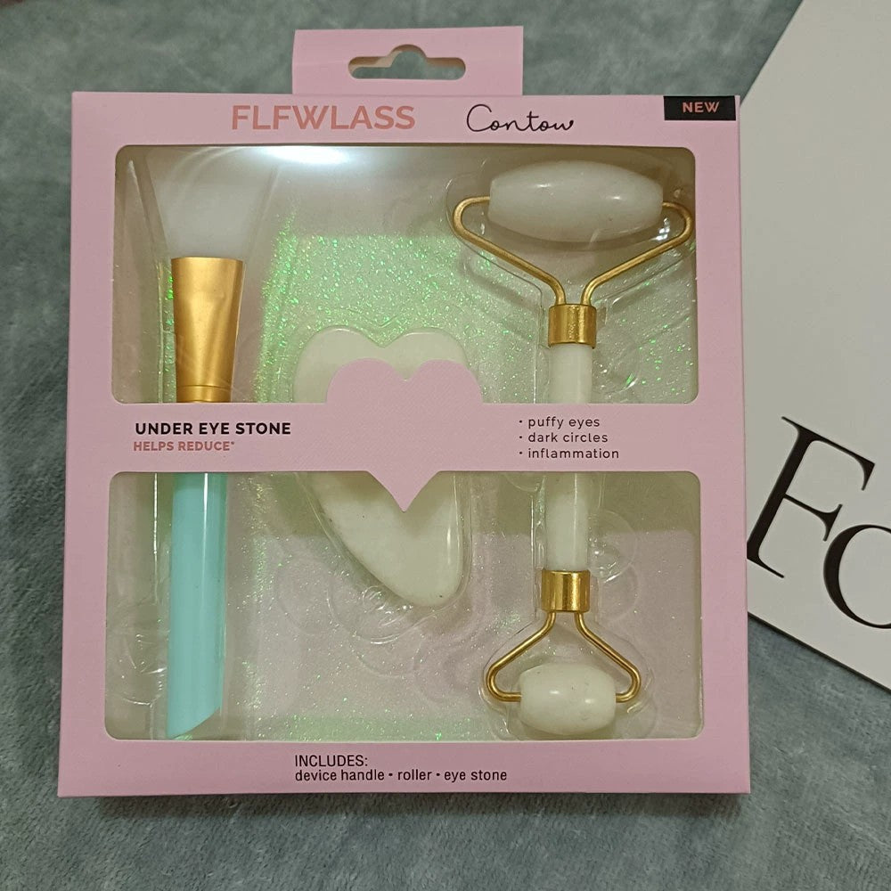 مجموعة بكرة Jade Roller في عبوات حصرية ، أدوات العناية بالبشرة المضادة للشيخوخة، أسطوانة تدليك للوجه والعينين والرقبة والجسم ، 100٪ حجر اليشم الطبيعي + فرشة قناع الوجه