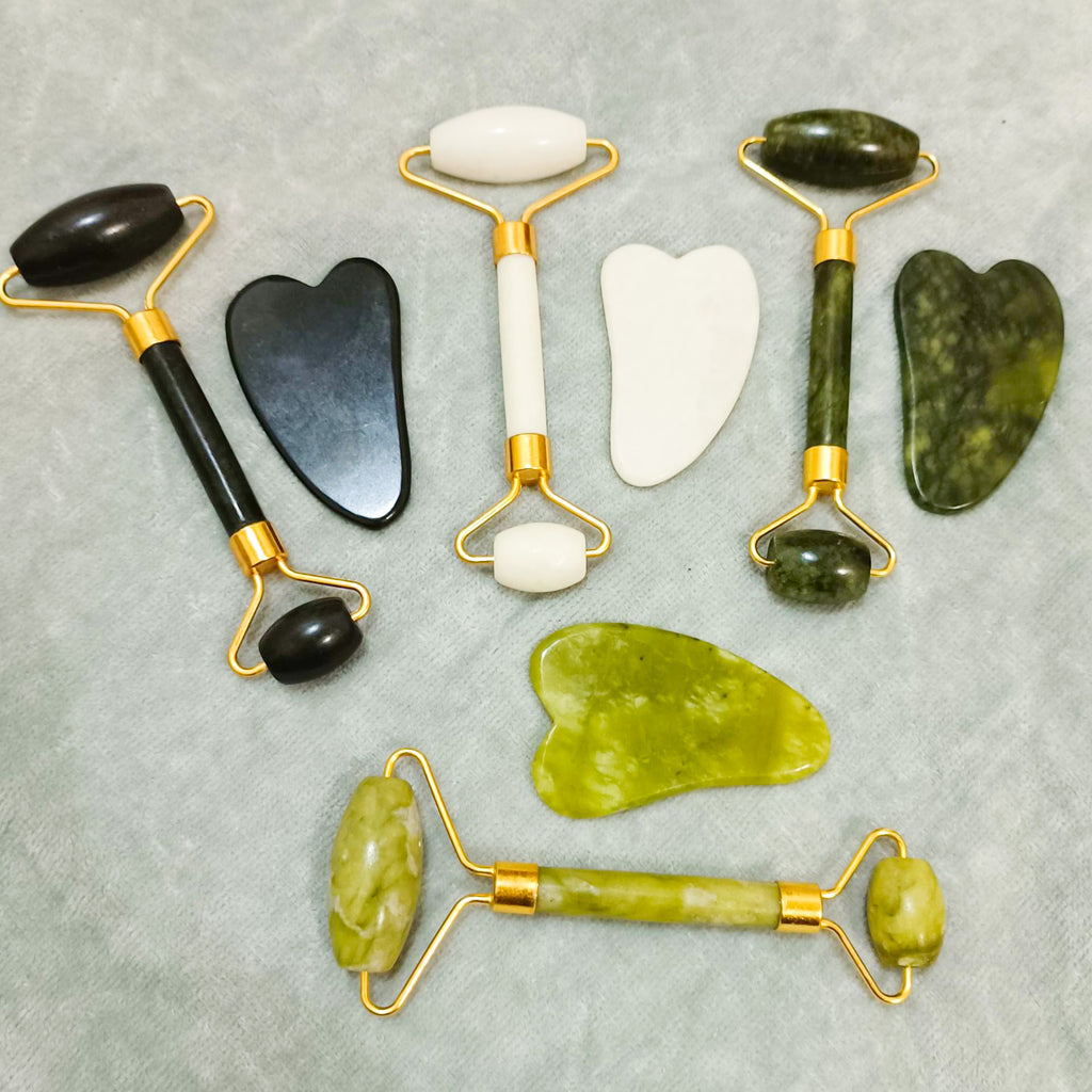 مجموعة بكرة Jade Roller في عبوات حصرية، أدوات العناية بالبشرة المضادة للشيخوخة، معالجة التجاعيد، أسطوانة تدليك للوجه والعينين والرقبة والجسم، 100٪ حجر اليشم الطبيعي