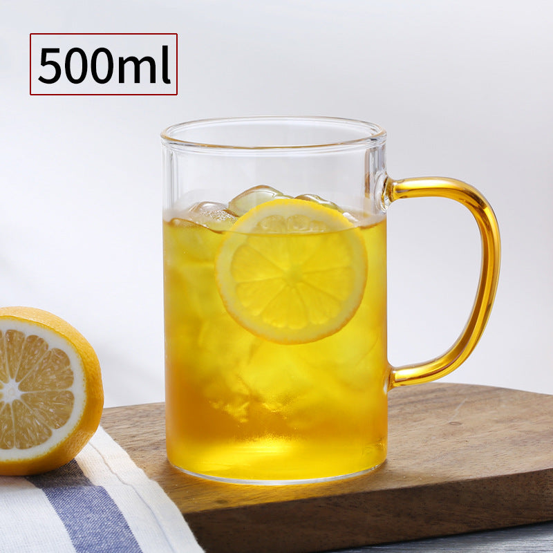 كوب ماء زجاجي شفاف من البايركس الحراري مقاوم لدرجات الحرارة العالية، كوب شاي وقهوة وكابتشينو - مقبض اليد بالوان مختلفة (500 مل)