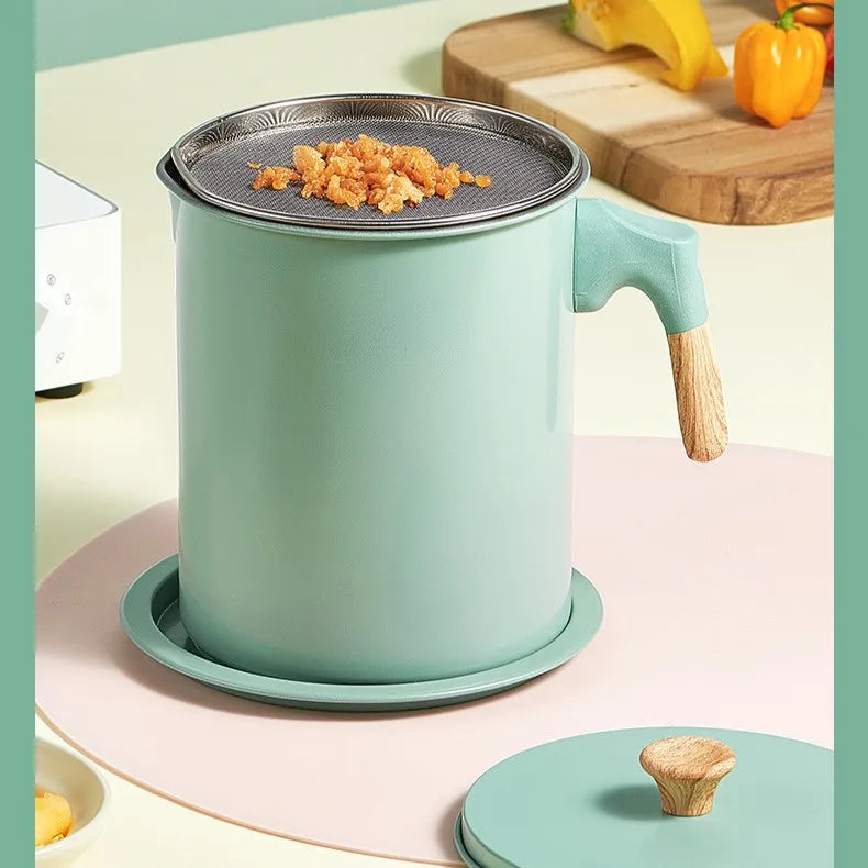 فلتر زيت مع مصفاة ستانلس ستيل مانعة للتسرب، للقلي وتخزين زيت الطبخ 1.4 لتر